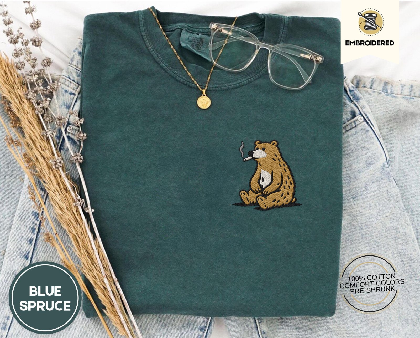 Blue Spruce Funny Smoking Bear Embroidered T-Shirt