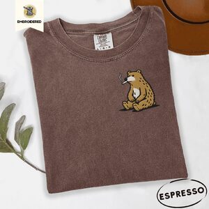 Espresso Funny Smoking Bear Embroidered T-Shirt