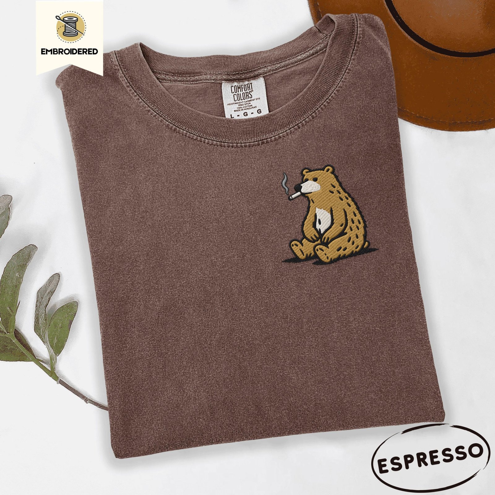 Espresso Funny Smoking Bear Embroidered T-Shirt