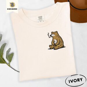 Ivory Funny Smoking Bear Embroidered T-Shirt