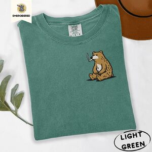 Light Green Funny Smoking Bear Embroidered T-Shirt