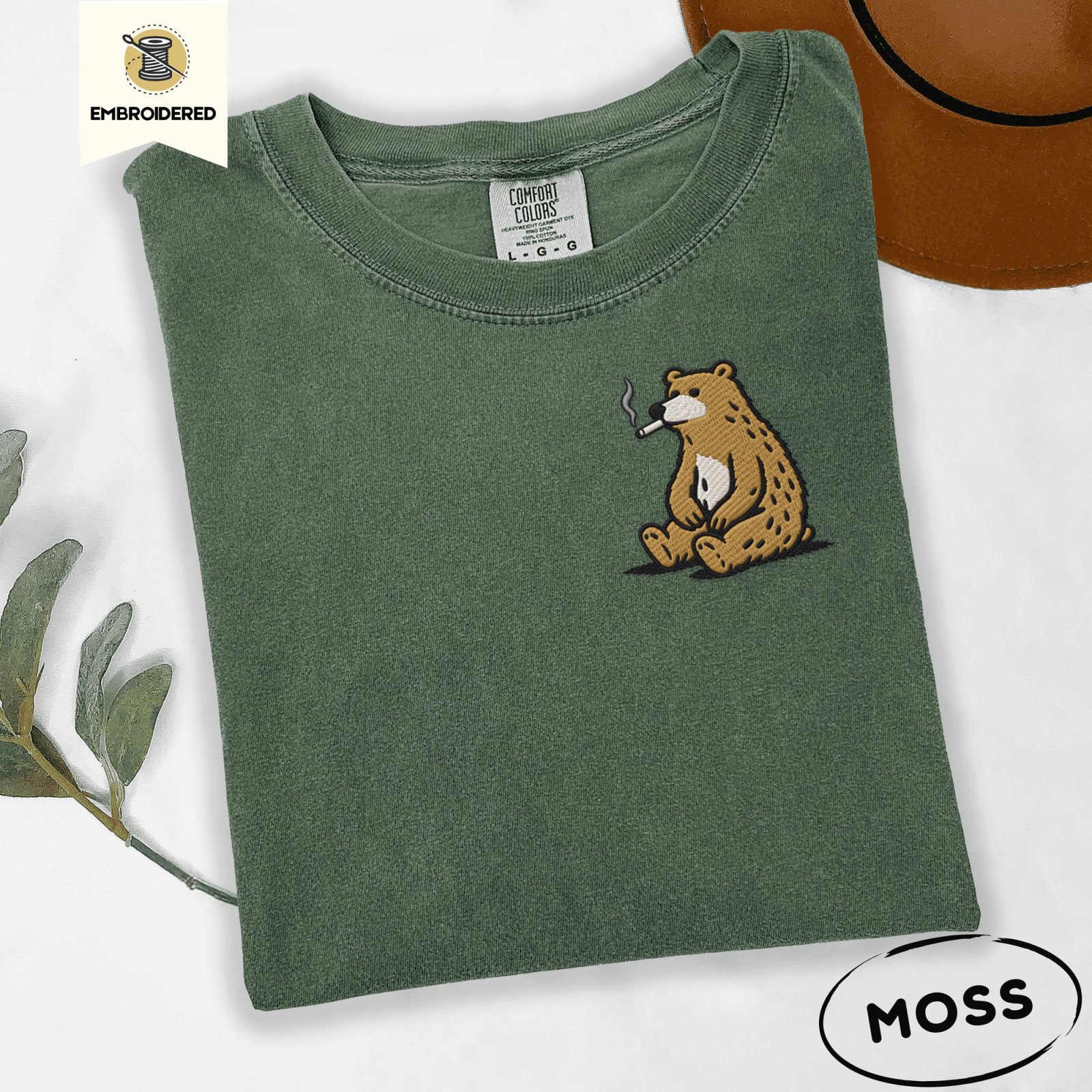Moss Funny Smoking Bear Embroidered T-Shirt