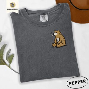 Pepper Funny Smoking Bear Embroidered T-Shirt