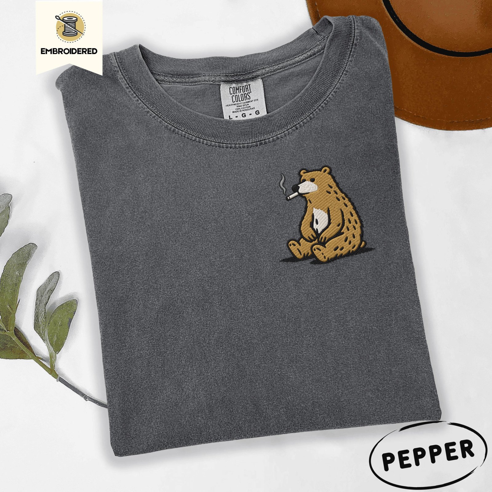 Pepper Funny Smoking Bear Embroidered T-Shirt