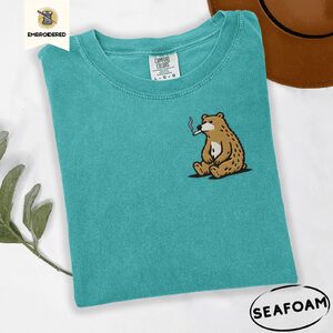 Seafoam Funny Smoking Bear Embroidered T-Shirt