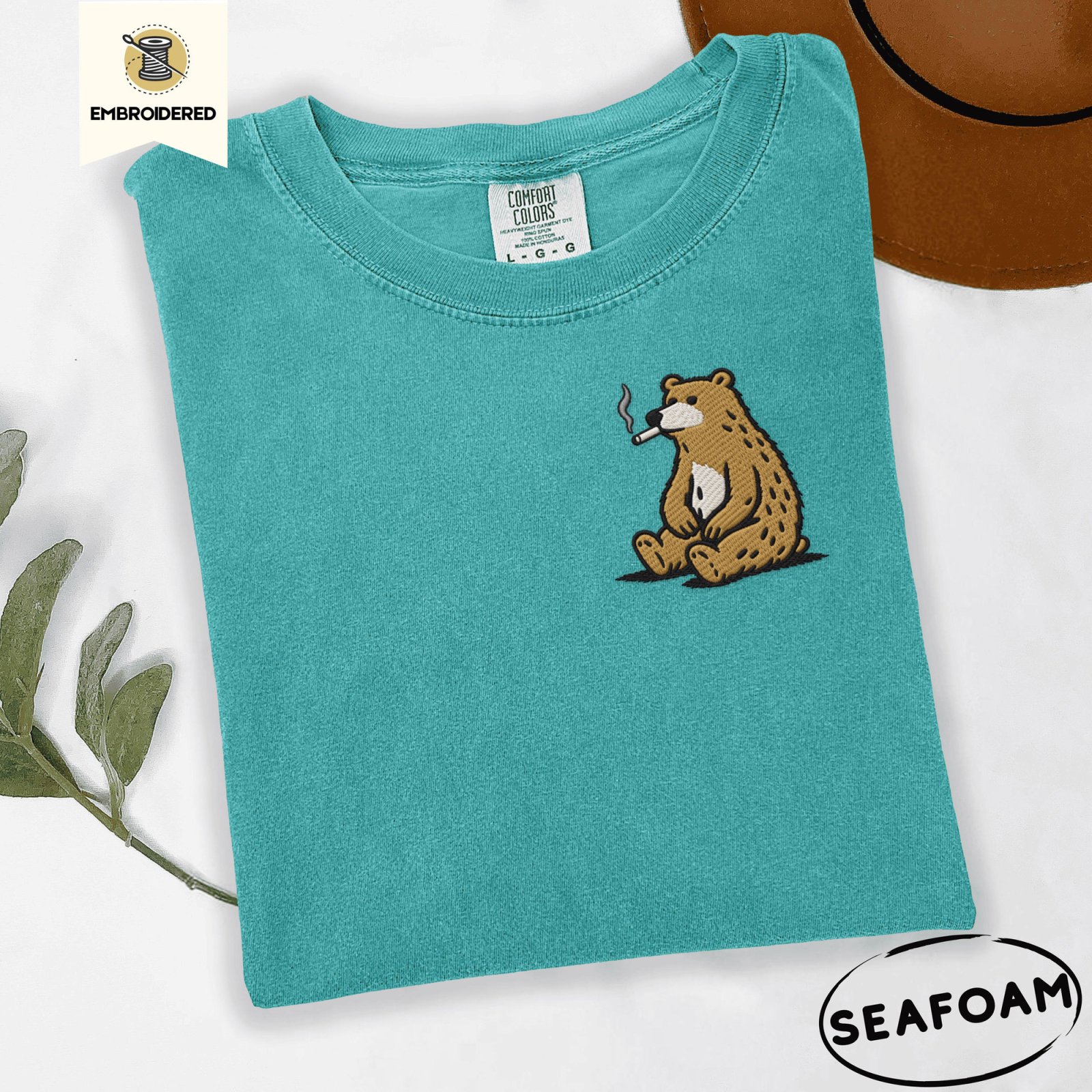 Seafoam Funny Smoking Bear Embroidered T-Shirt