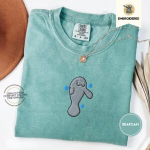 Seafoam Gentle Manatee Embroidered T-Shirt