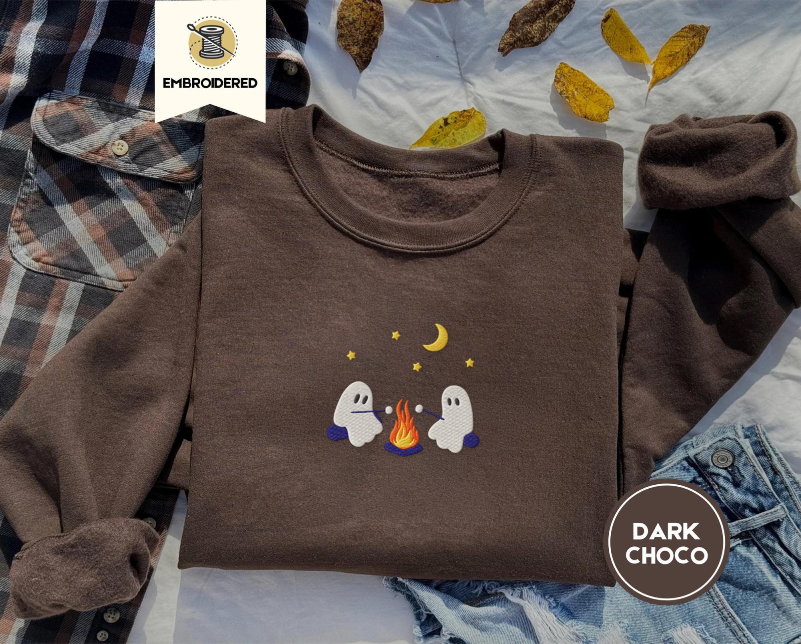 Dark Chocolate Ghost Campfire Embroidered Sweatshirt