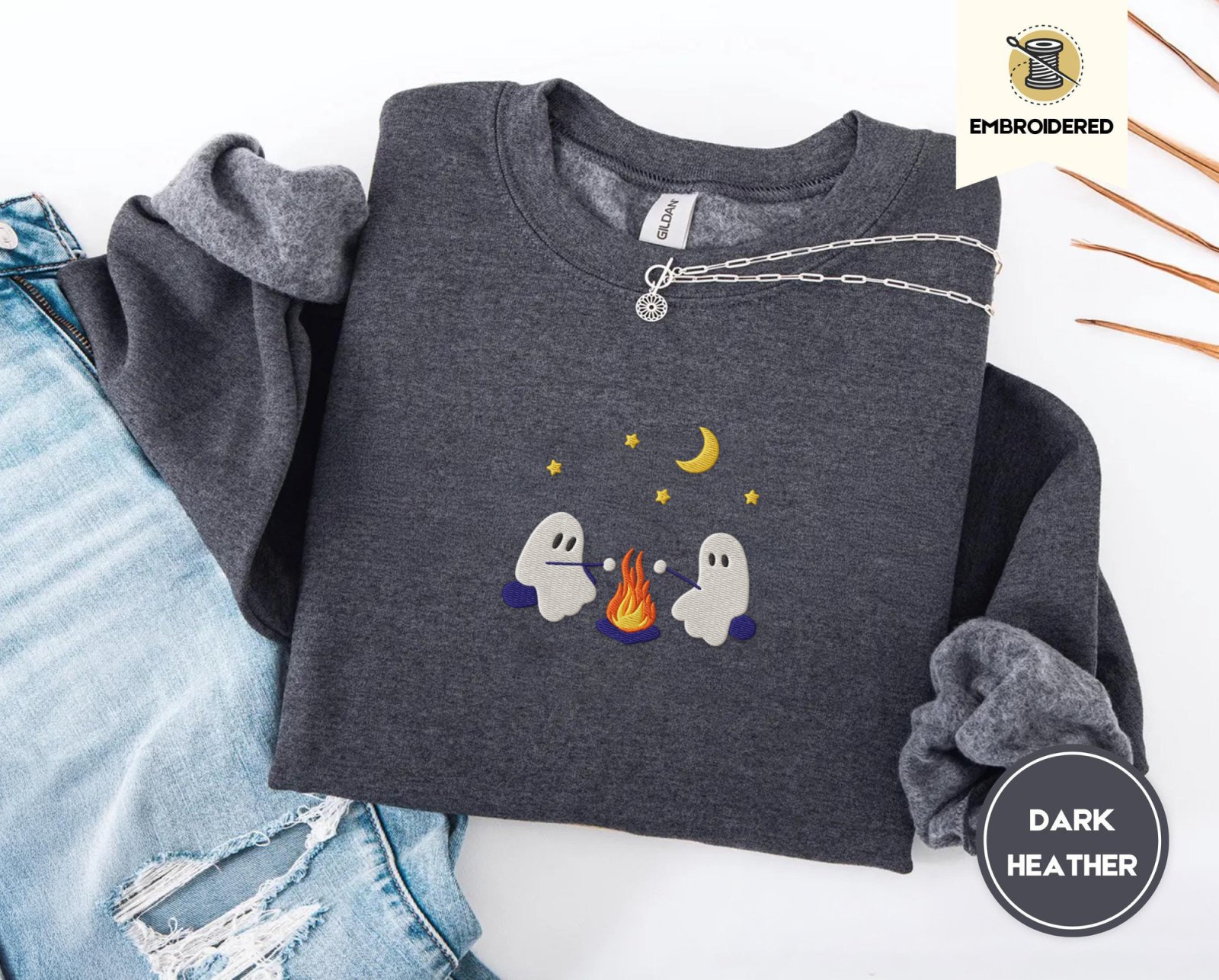 Dark Heather Ghost Campfire Embroidered Sweatshirt