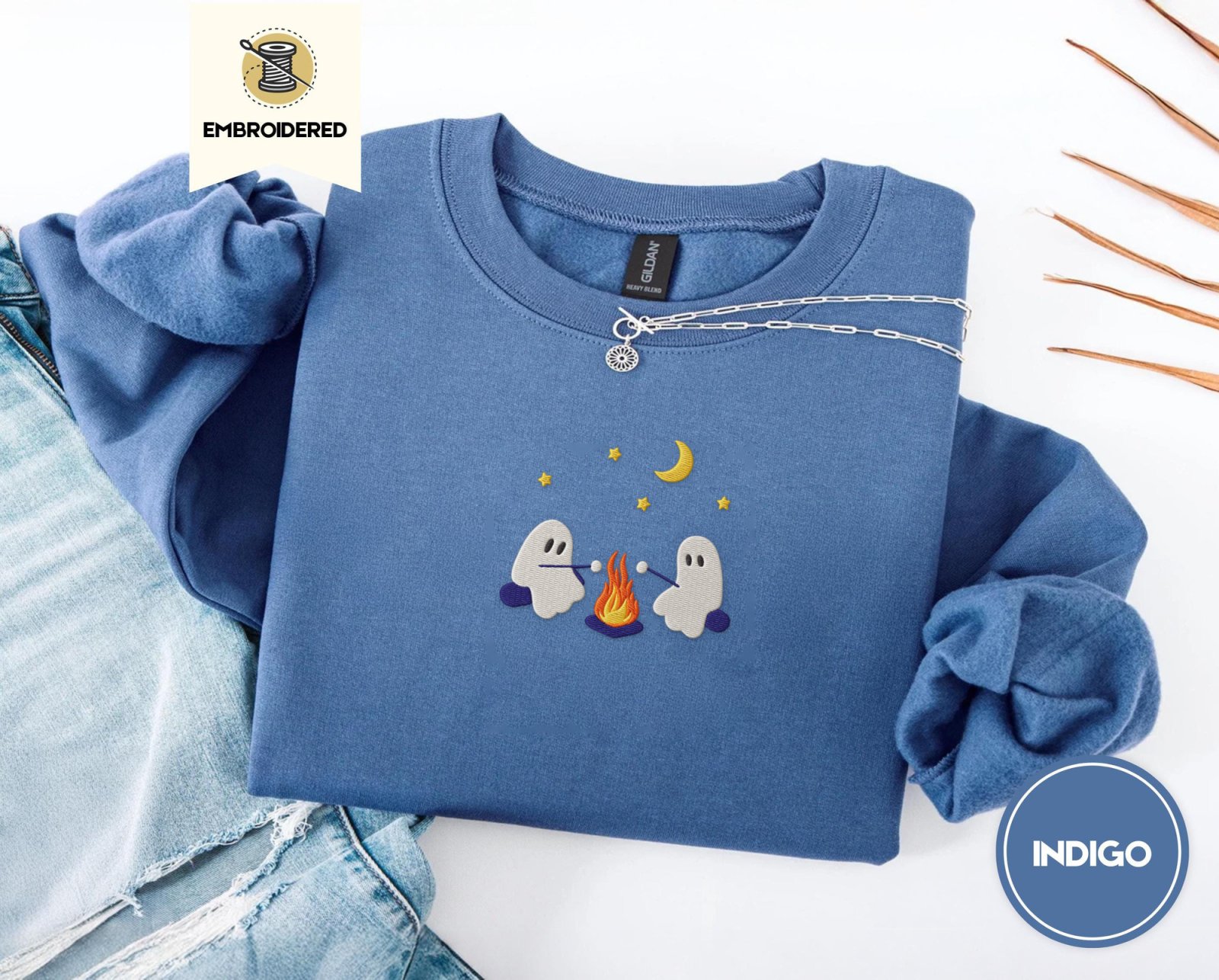 Indigo Blue Ghost Campfire Embroidered Sweatshirt