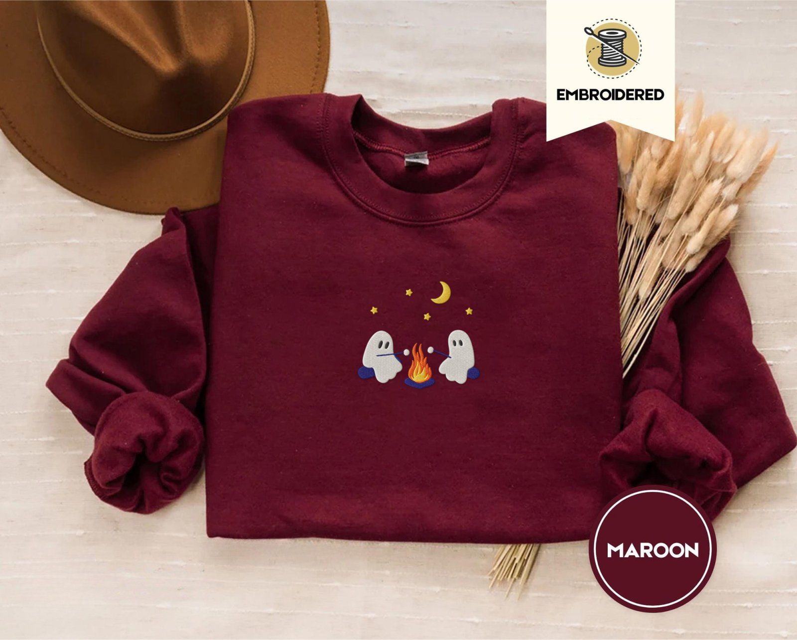 Maroon Ghost Campfire Embroidered Sweatshirt