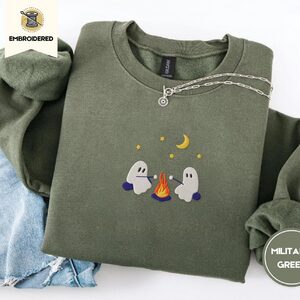 Military Green Ghost Campfire Embroidered Sweatshirt