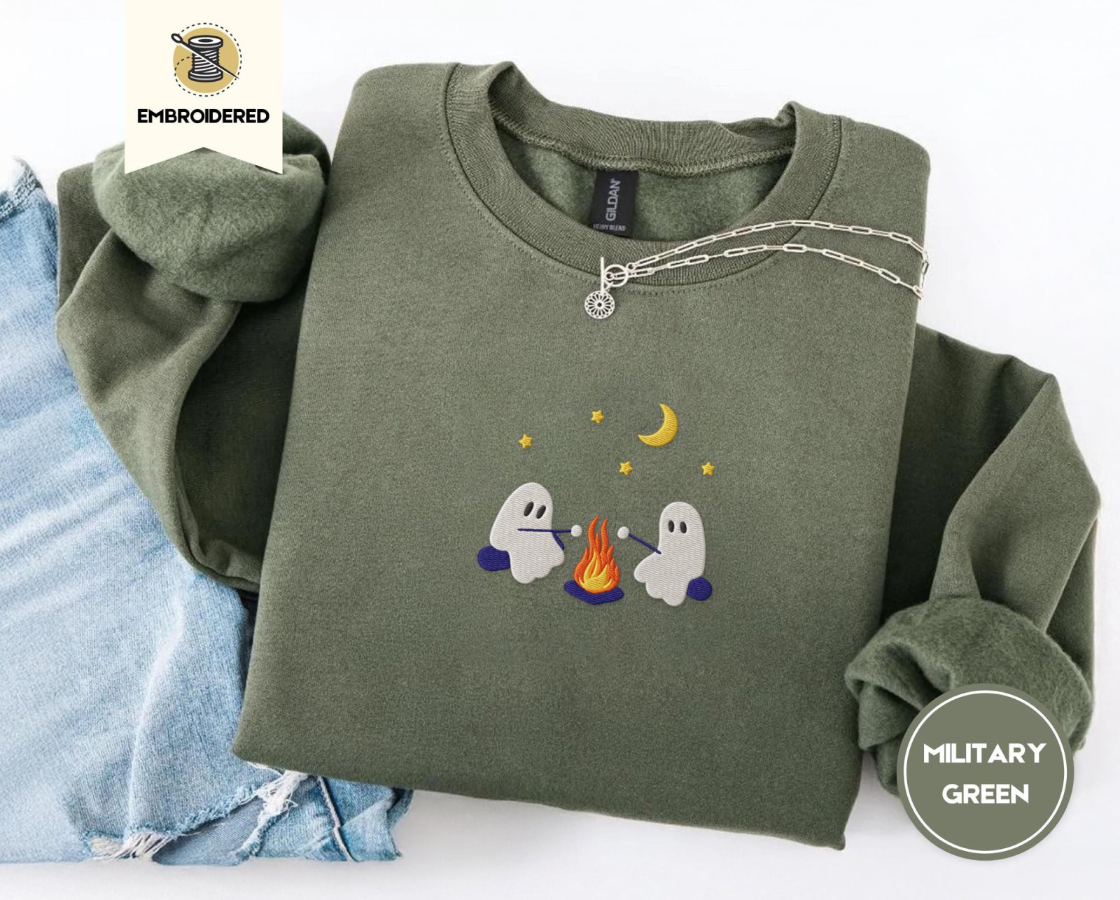 Military Green Ghost Campfire Embroidered Sweatshirt