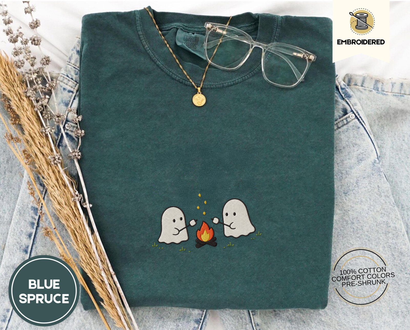 Blue Spruce Ghost Campfire Embroidered T-Shirt