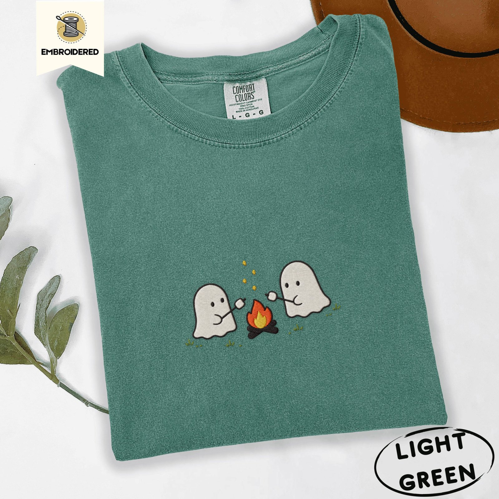 Light Green Ghost Campfire Embroidered T-Shirt