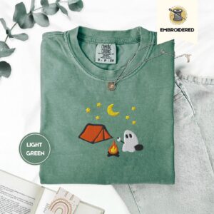 Light Green Ghost Camping Embroidered T-Shirt