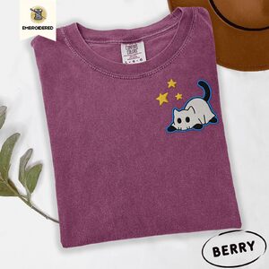 Berry Ghost Cat and Stars Embroidered T-Shirt