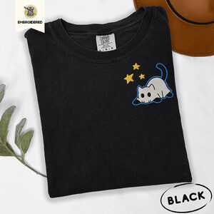 Black Ghost Cat and Stars Embroidered T-Shirt