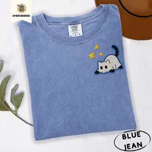 Blue Jean Ghost Cat and Stars Embroidered T-Shirt