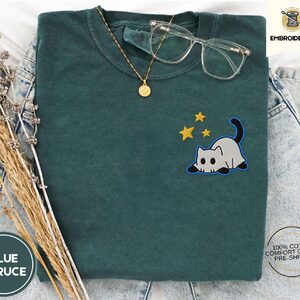 Blue Spruce Ghost Cat and Stars Embroidered T-Shirt