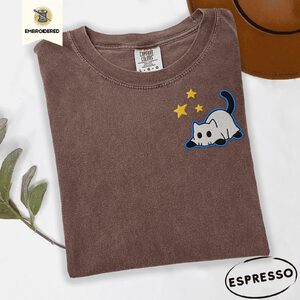 Espresso Ghost Cat and Stars Embroidered T-Shirt