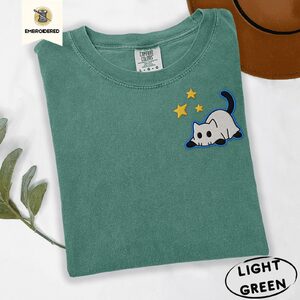 Light Green Ghost Cat and Stars Embroidered T-Shirt