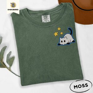 Moss Ghost Cat and Stars Embroidered T-Shirt