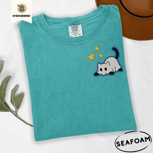Seafoam Ghost Cat and Stars Embroidered T-Shirt