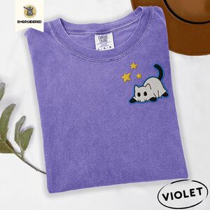 Violet Ghost Cat and Stars Embroidered T-Shirt