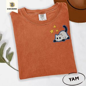 Yam Ghost Cat and Stars Embroidered T-Shirt