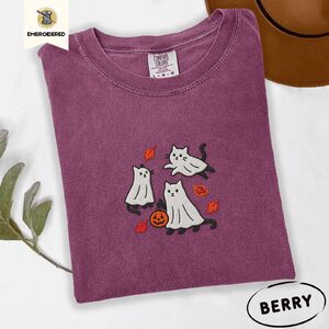 Berry Ghost Cats and Leaves Embroidered T-Shirt