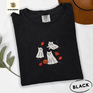 Black Ghost Cats and Leaves Embroidered T-Shirt