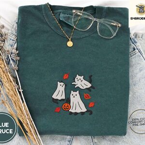 Blue Spruce Ghost Cats and Leaves Embroidered T-Shirt