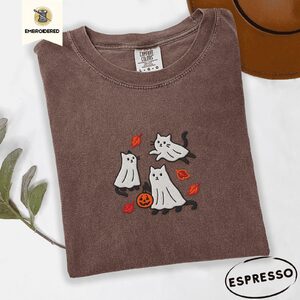 Espresso Ghost Cats and Leaves Embroidered T-Shirt