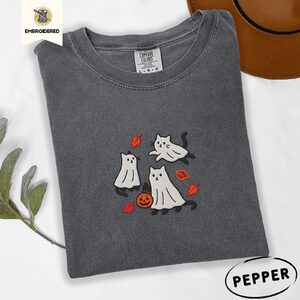 Pepper Ghost Cats and Leaves Embroidered T-Shirt