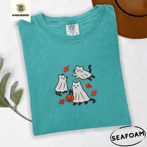 Seafoam Ghost Cats and Leaves Embroidered T-Shirt