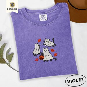 Violet Ghost Cats and Leaves Embroidered T-Shirt