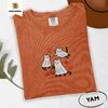 Yam Ghost Cats and Leaves Embroidered T-Shirt
