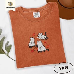Yam Ghost Cats and Leaves Embroidered T-Shirt