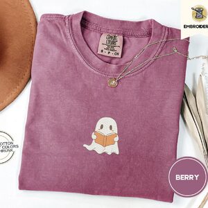 Ghost Reading a Book Embroidered T-Shirt