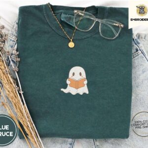 Blue Spruce Ghost Reading a Book Embroidered T-Shirt