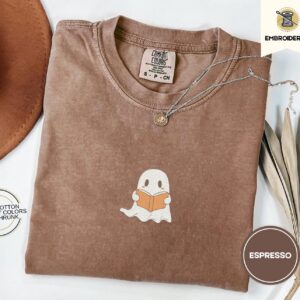 Espresso Ghost Reading a Book Embroidered T-Shirt