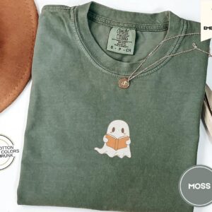 Moss Ghost Reading a Book Embroidered T-Shirt