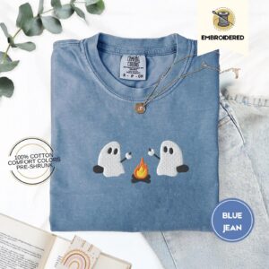 Blue Jean Ghosts Roasting Marshmallows Embroidered T-Shirt