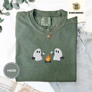Moss Ghosts Roasting Marshmallows Embroidered T-Shirt