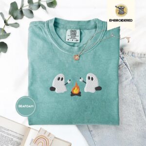 Seafoam Ghosts Roasting Marshmallows Embroidered T-Shirt
