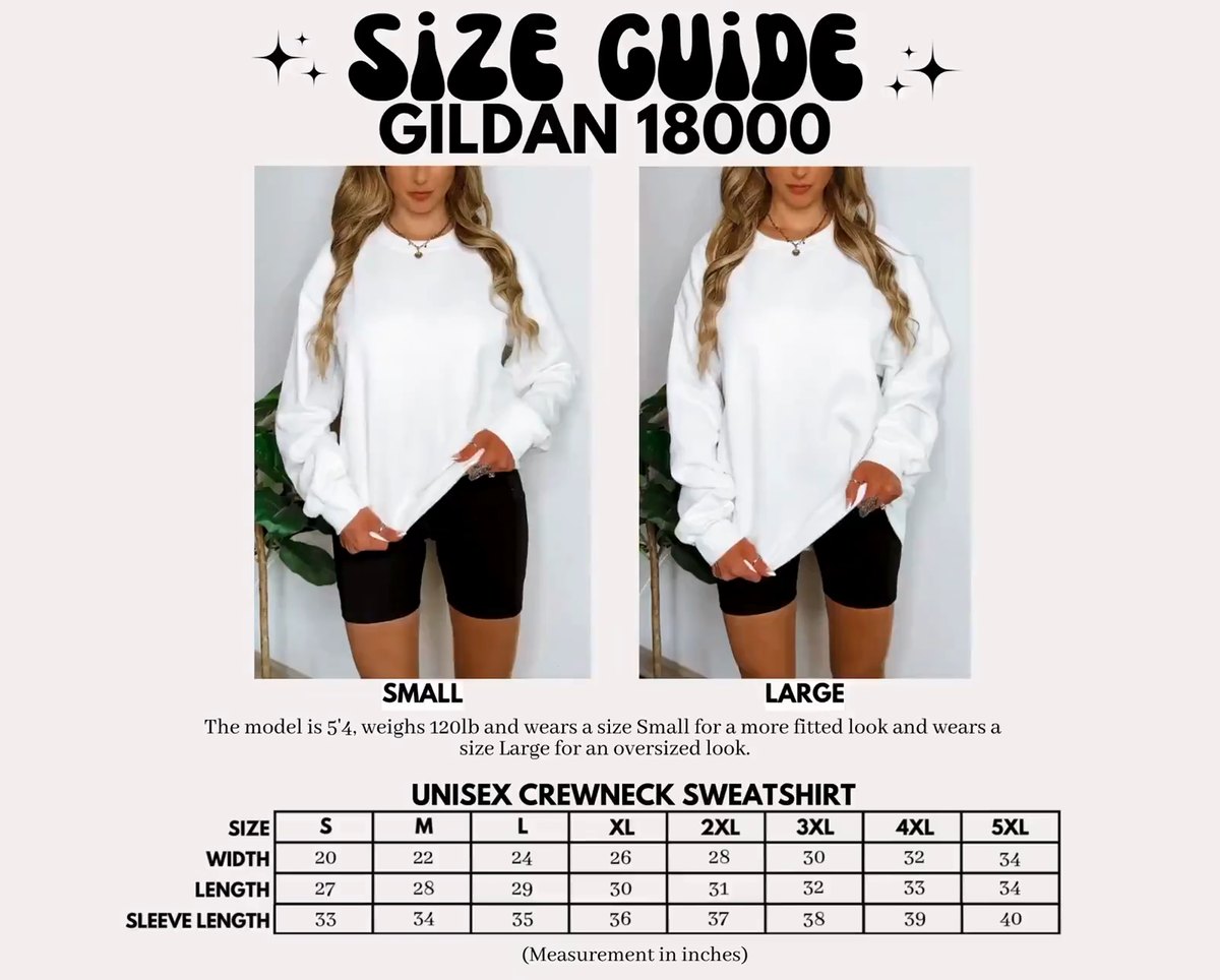 Gildan 18000 size guide video: model wearing size Small and size Large, with measurements