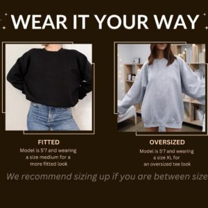 Fit guide: model 5'7" wearing size M for a fitted look and size XL for an oversized look; size up if you are between sizes