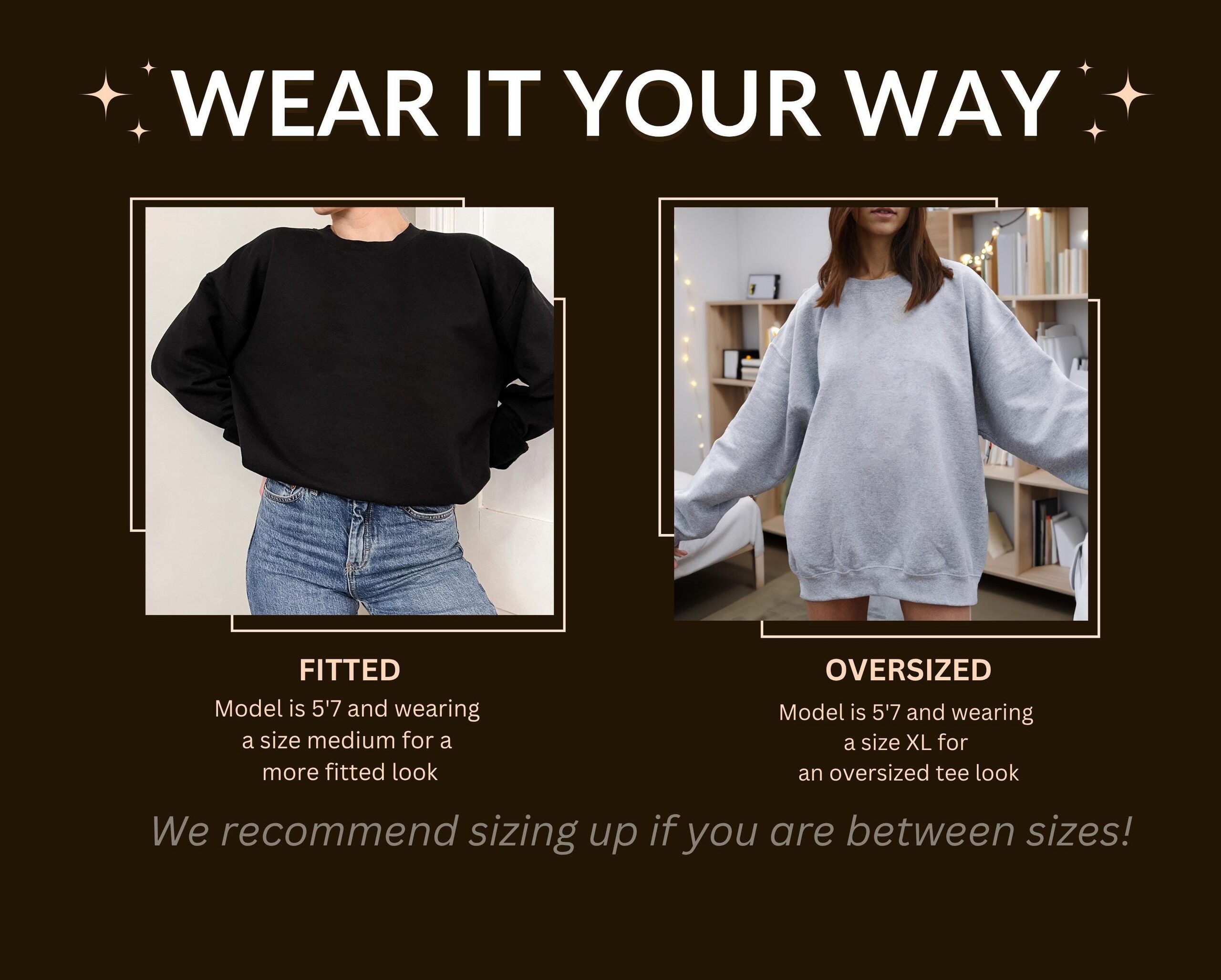 Fit guide: model 5'7" wearing size M for a fitted look and size XL for an oversized look; size up if you are between sizes