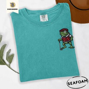 Seafoam Golf Frog in Argyle Vest Embroidered T-Shirt